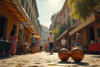 Jeu de boules boggia avec joueurs en action sur un terrain extérieur