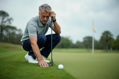 Golfeur analysant le lie de sa balle à côté d'un wedge sur un parcours de golf bien entretenu