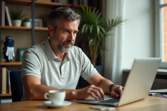 Golfeur débutant lisant un blog de conseils sur son ordinateur portable à son bureau à domicile