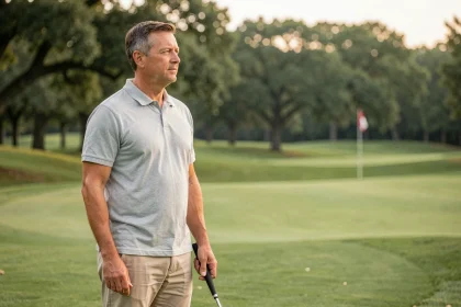 Golfeur amateur étudiant le fairway avec stratégie, tenant un fer 7 sur un parcours verdoyant