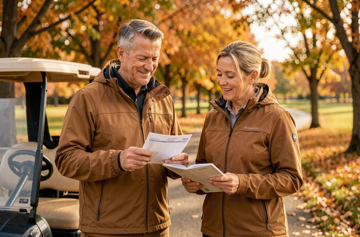 Deux golfeurs seniors analysant leur scorecard et leur carnet de distances au bord du parcours en automne