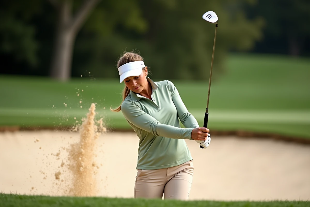 Golfeuse réalisant un chip shot au wedge depuis un bunker de sable sur un parcours de golf