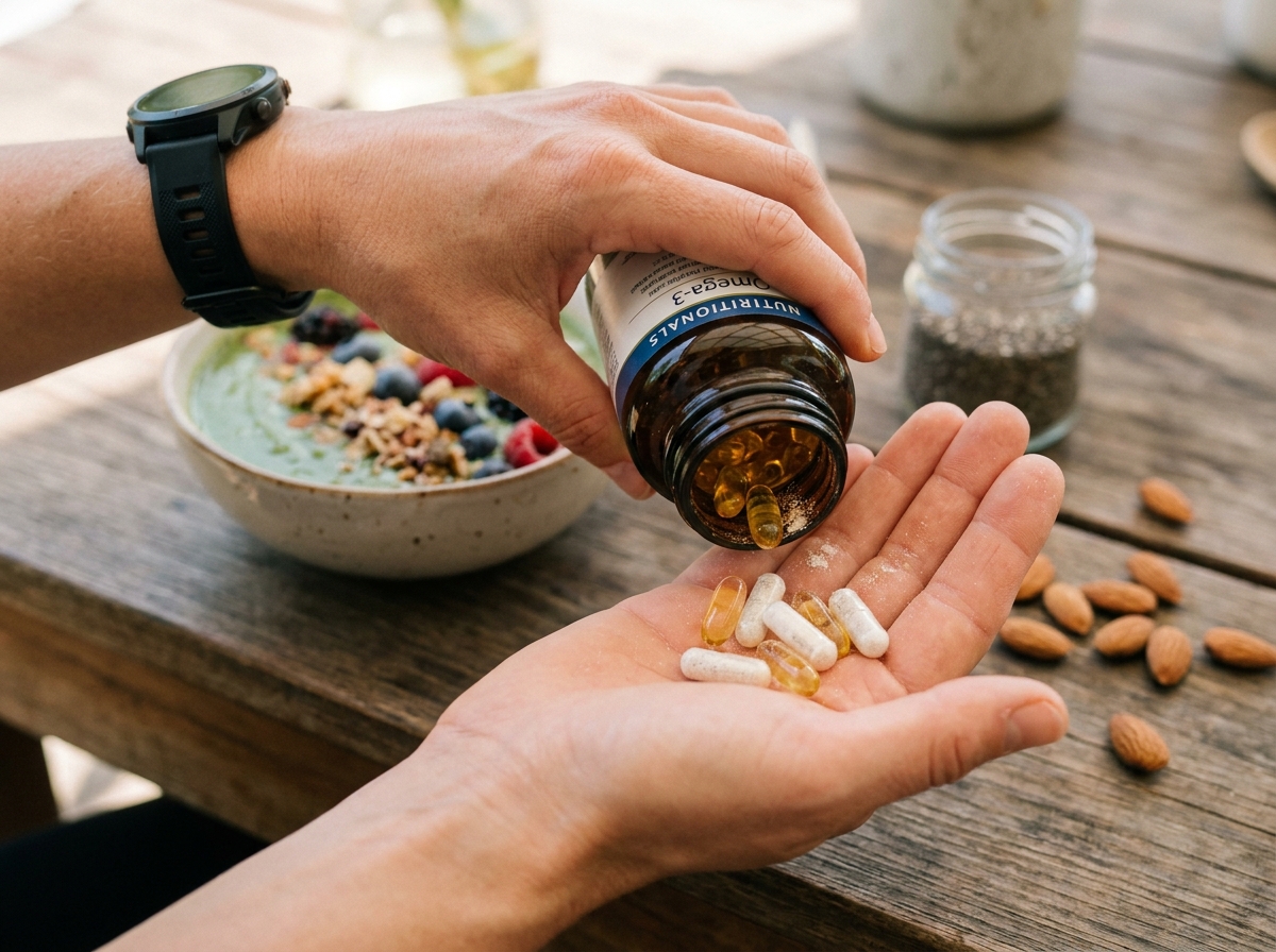 Gros plan de mains versant des capsules de compléments micronutritionnels dans le cadre d'une routine sportive équilibrée