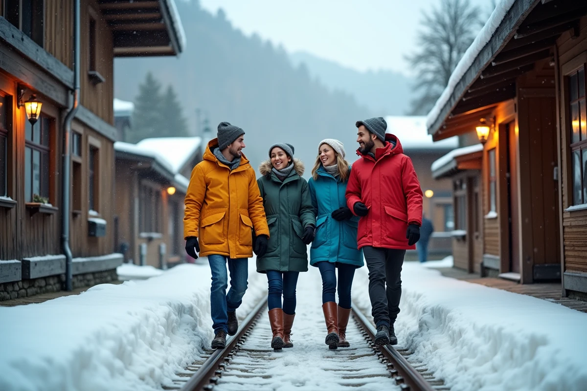Groupe d amis descendent du train dans un village de montagne enneige