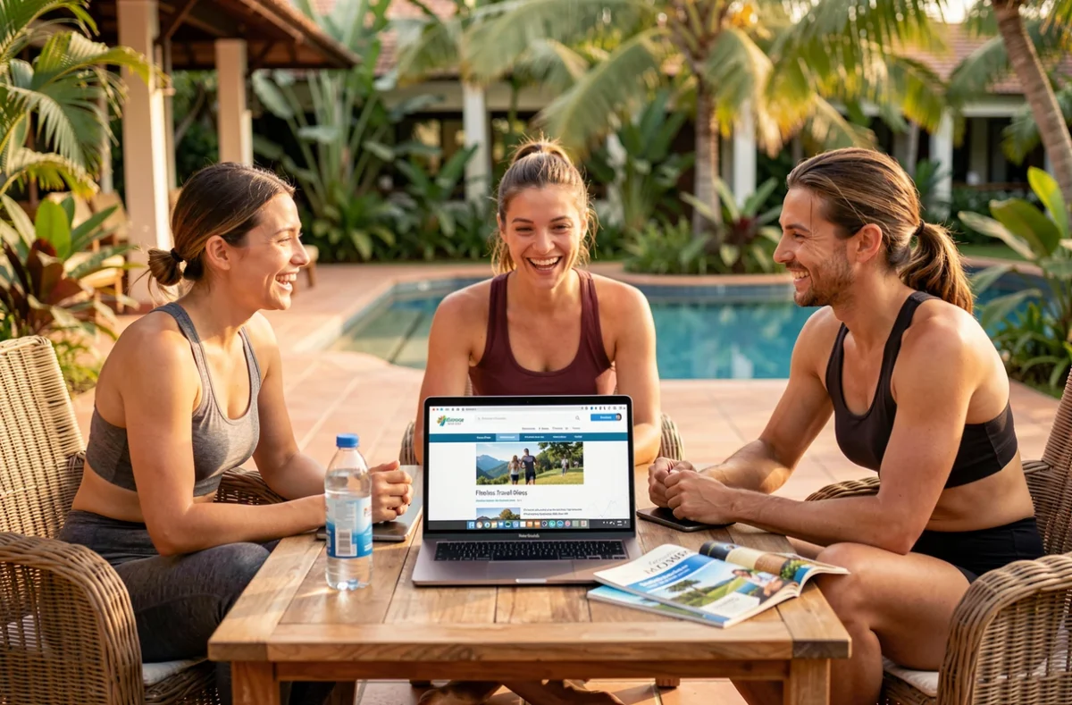 Groupe d'amis sportifs planifiant un voyage fitness sur un site internet depuis une terrasse de resort tropical