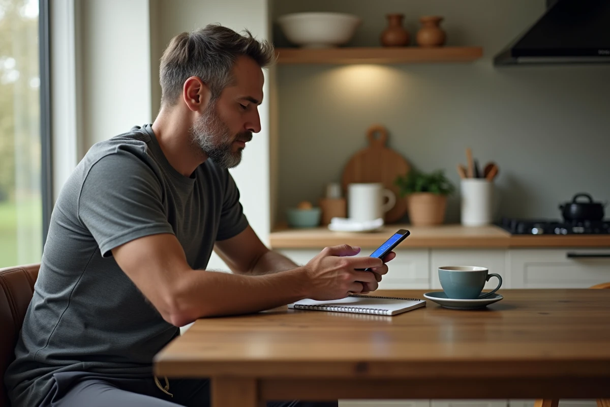 Homme analysant ses données de pas journaliers sur une application de fitness pour calculer ses kilomètres parcourus et calories dépensées
