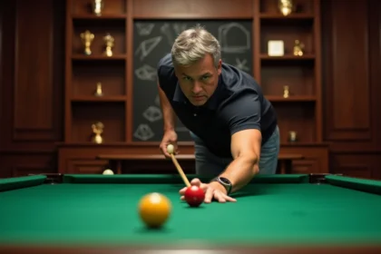 Homme d'âge moyen alignant une bille sur une table de billard verte dans un club moderne
