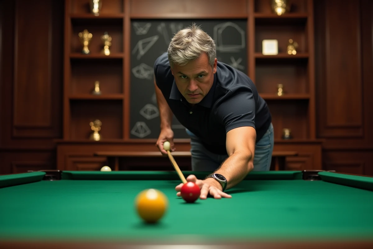Homme d'âge moyen alignant une bille sur une table de billard verte dans un club moderne