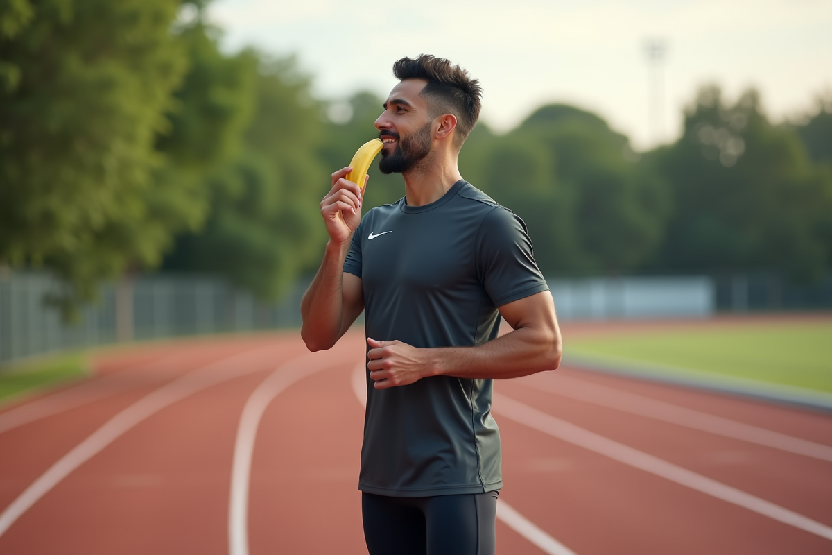 Homme courant sur piste extérieure en train de manger une banane