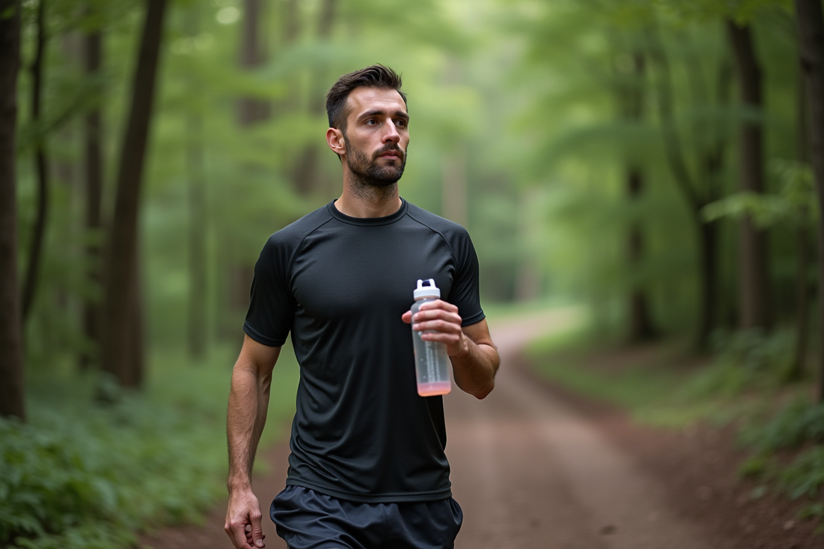 Jeune homme en course dans la forêt bucolique