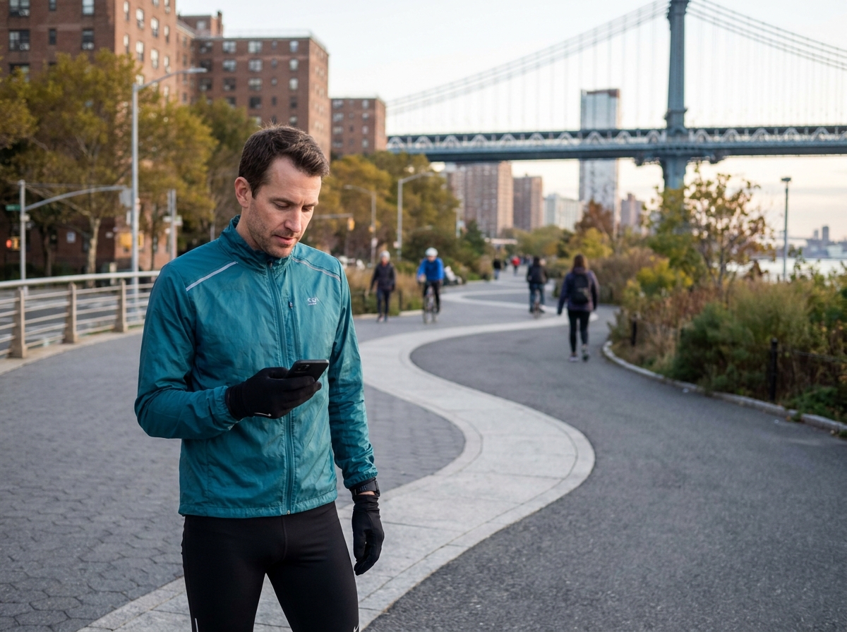Homme en veste de sport regarde son smartphone en courant en ville