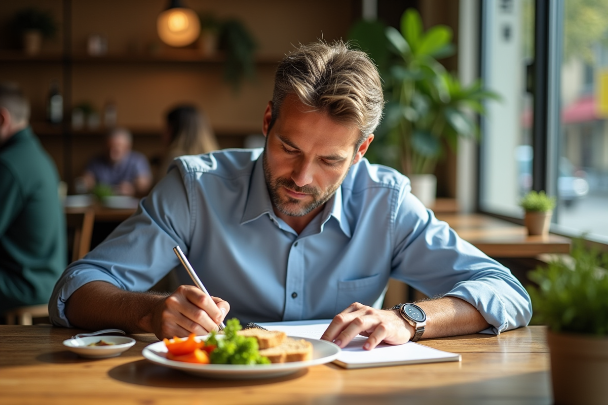 Homme écrivant dans un journal de nourriture au café