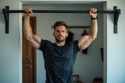 Homme en pleine traction dans une salle de sport intérieure