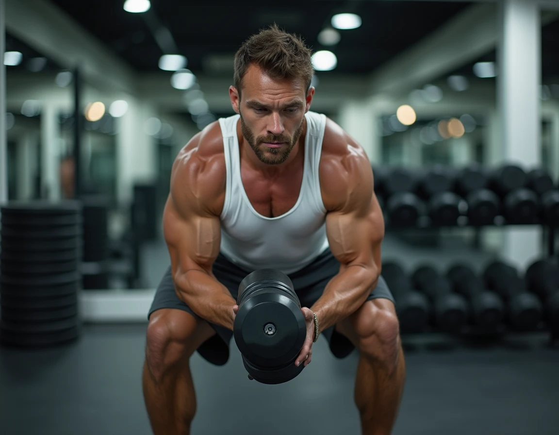 Homme musclé réalisant un goblet squat avec haltère dans une salle de fitness commerciale