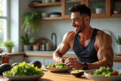 Homme musclé en salle mangeant une salade avec avocat