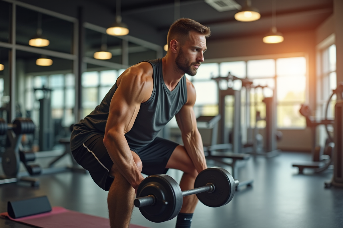 Homme en entraînement de musculation dans une salle moderne