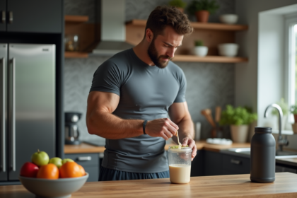 Jeune homme en entraînement mélangeant créatine et shake