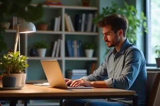 Homme d age late twenties lisant feedback negatif sur son ordinateur