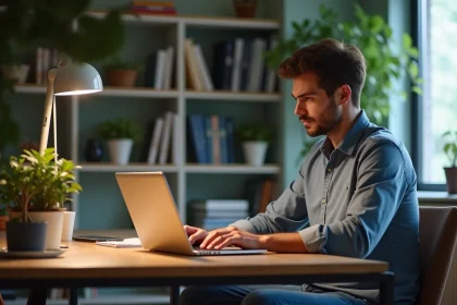 Homme d age late twenties lisant feedback negatif sur son ordinateur