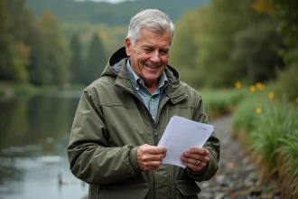 Homme d'âge moyen vérifiant sa licence de pêche au bord de la rivière