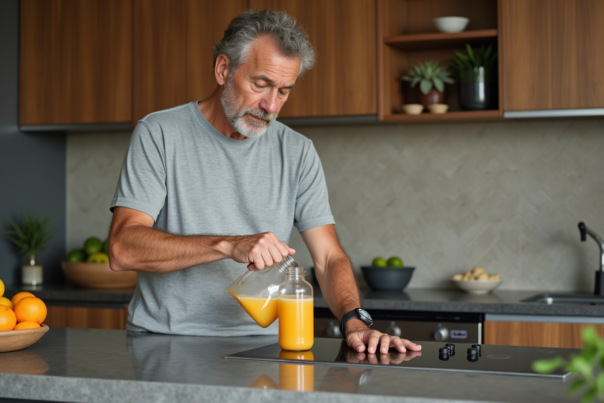 Homme préparant une boisson electrolyte dans la cuisine