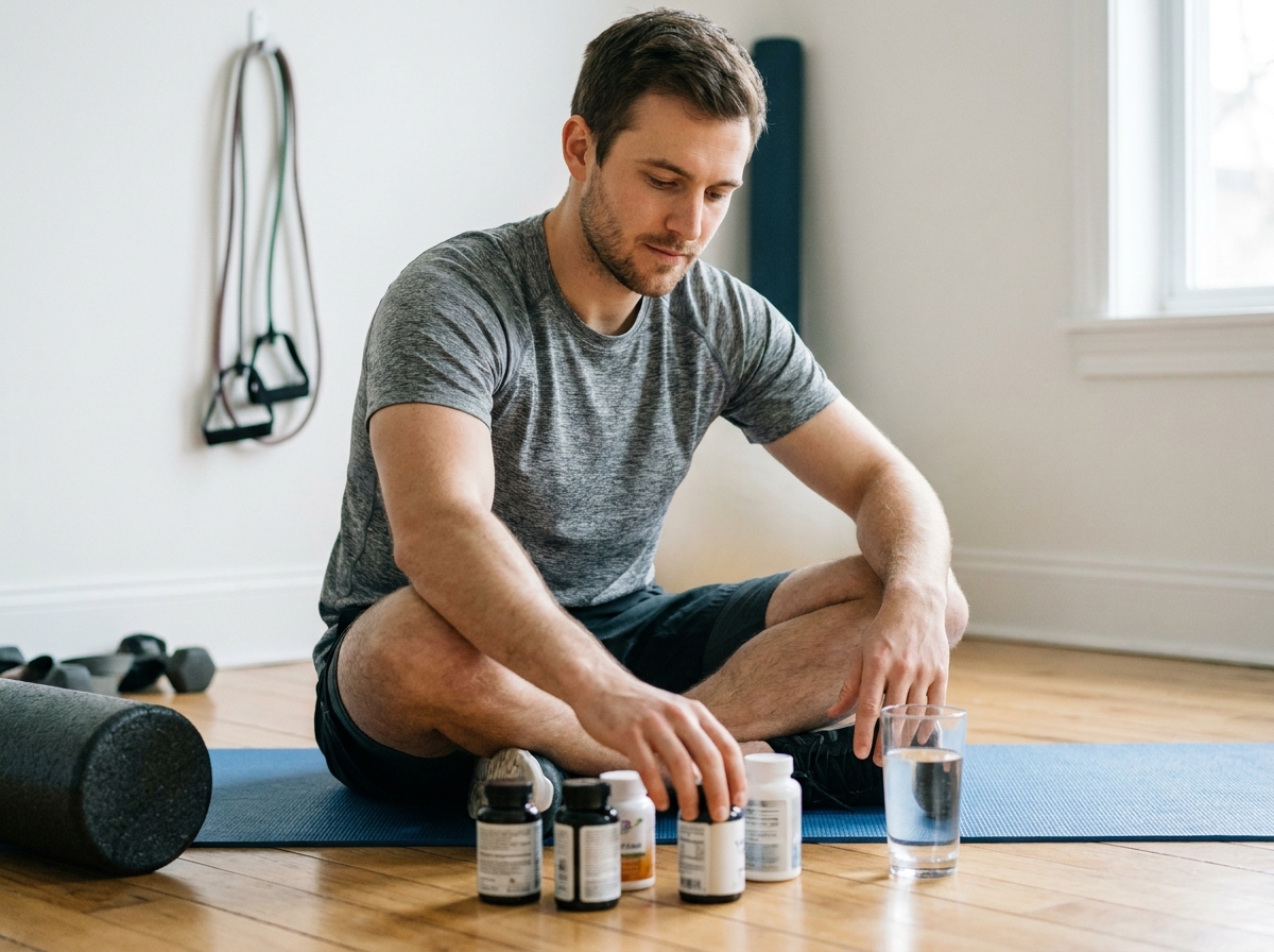Homme sportif organisant ses compléments de micronutrition après une séance d'entraînement à domicile
