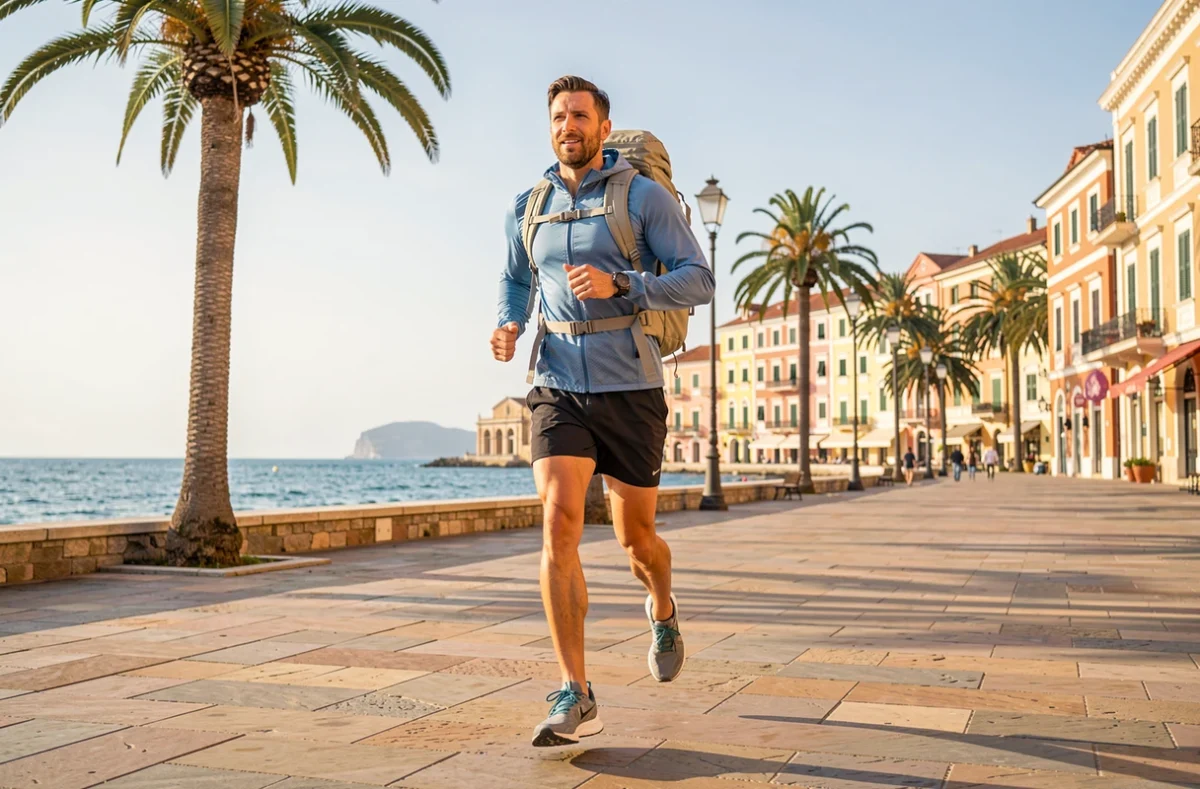 Homme jogger courant sur une promenade côtière méditerranéenne avec sac de voyage, alliant sport et tourisme