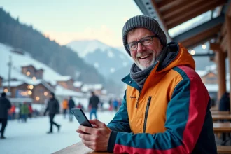 Homme souriant en veste de ski colorée devant un café alpin