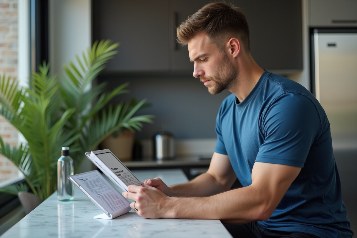 Jeune homme sportif dans la cuisine avec organisateur de compléments