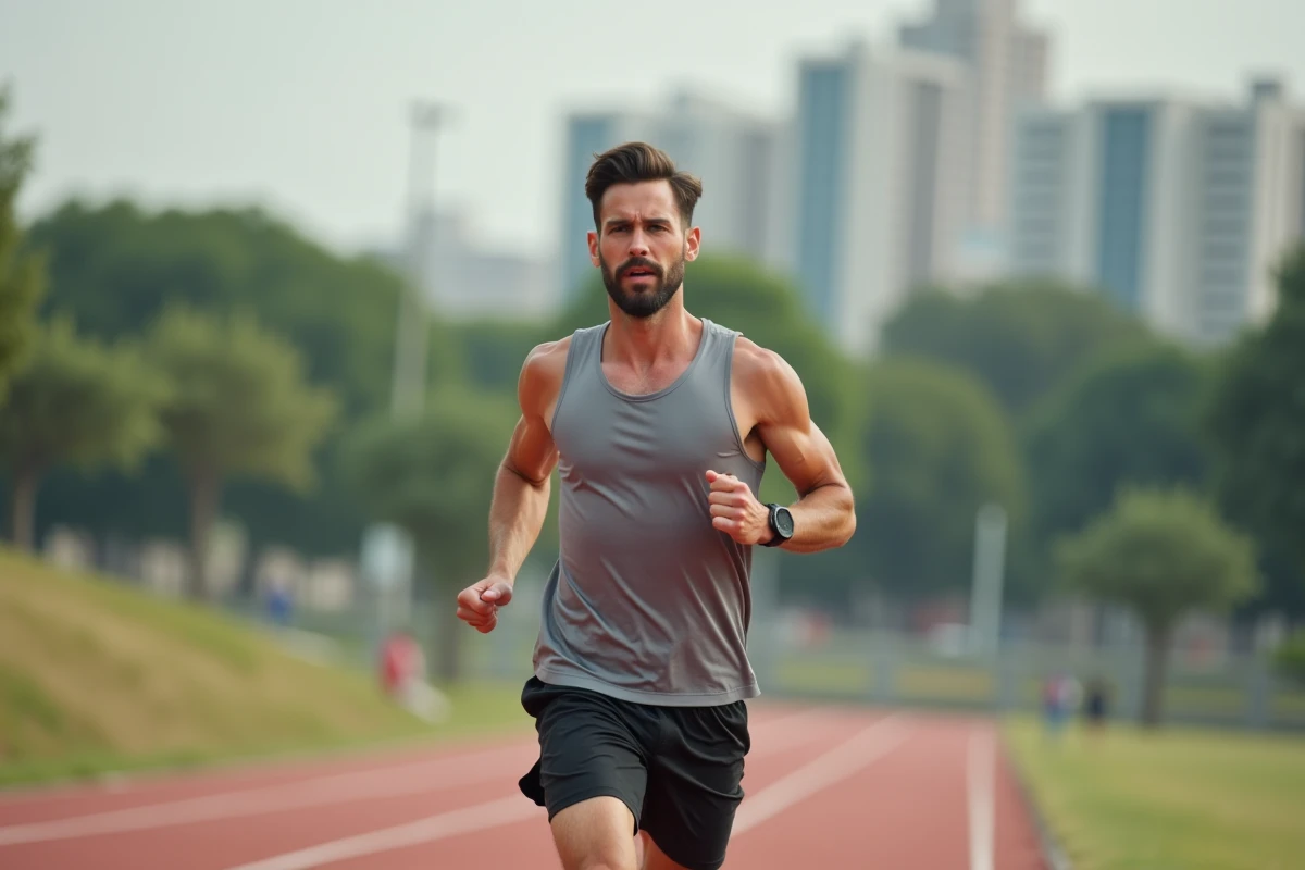 Jeune homme courant en extérieur sur une piste urbaine
