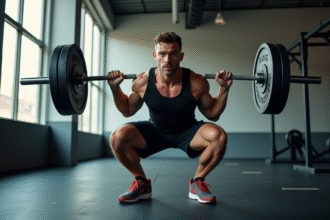 Jeune homme déterminé faisant des squats en salle de sport