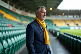Homme d'âge moyen en costume bleu et foulard jaune devant stade Nantes