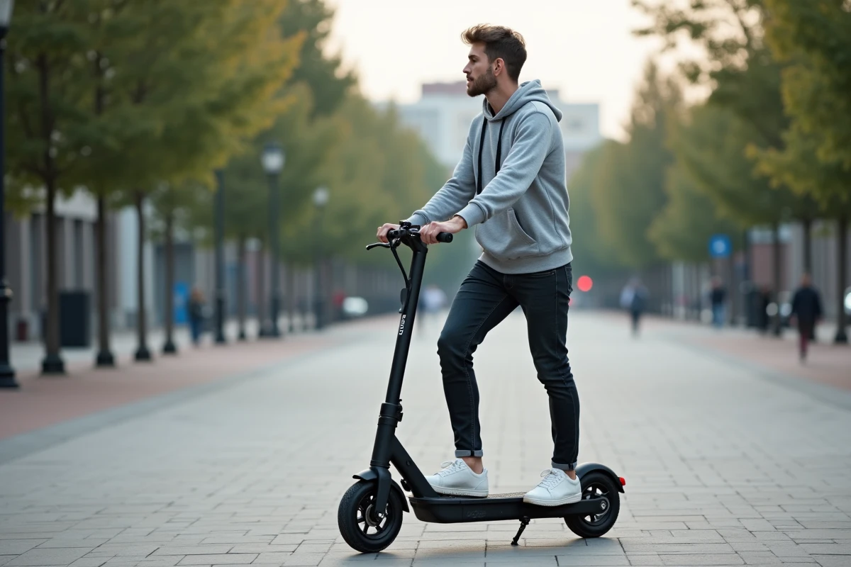 Homme en train de rouler sur une trottinette électrique Urban Glide 140 dans une place piétonne urbaine