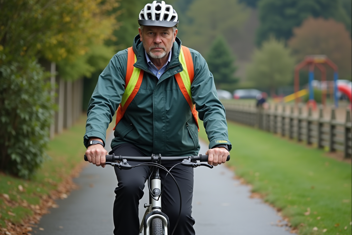 Homme d age moyen ajustant son casque sur un vélo à Vancouver