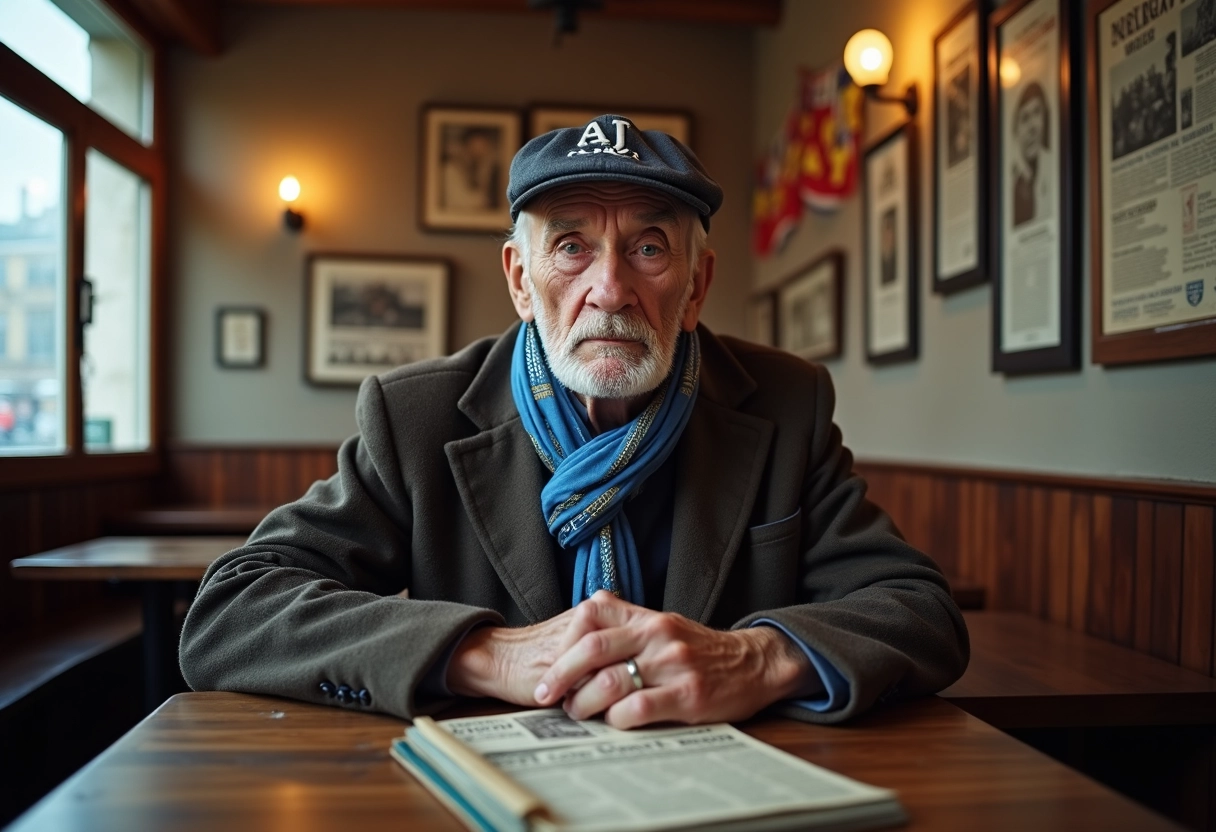 Homme âgé avec écharpe dans un café nostalgique