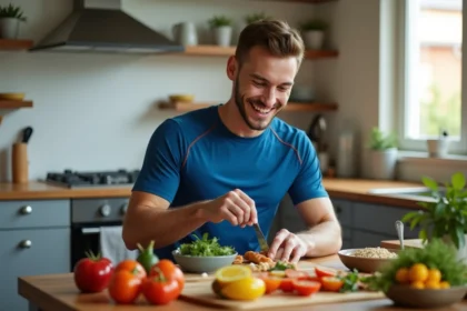 Jeune athlète en cuisine préparant un repas équilibré