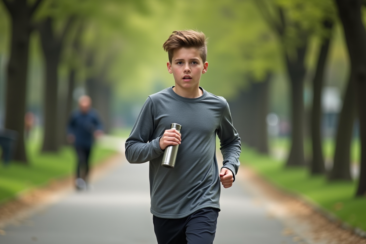 Jeune garçon courant dans un parc urbain avec une gourde d