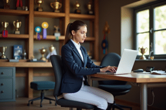 Jeune cavalière au bureau de l'écurie concentrée sur son ordinateur