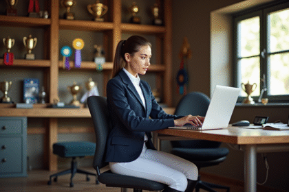 Jeune cavalière au bureau de l'écurie concentrée sur son ordinateur