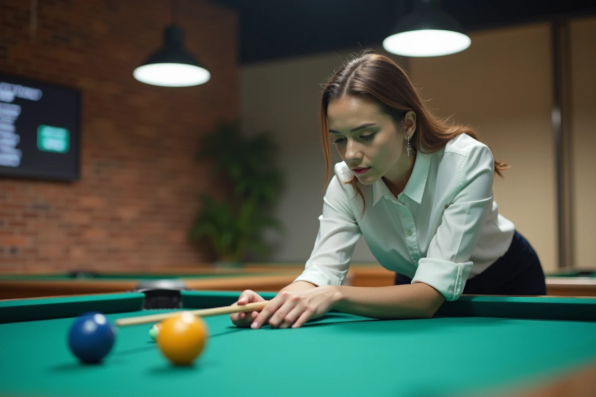 Jeune femme observant la table de billard avec concentration dans un centre de loisirs