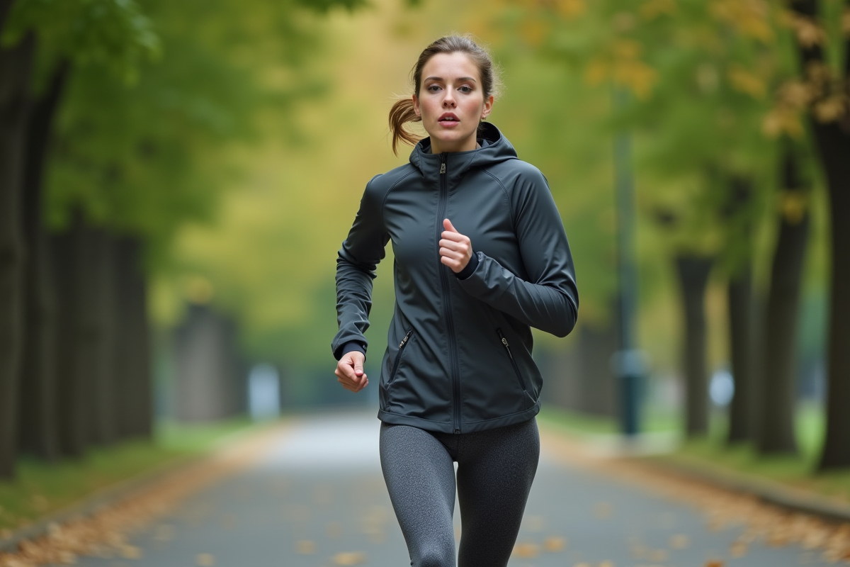 Jeune femme en athleisure courant dans un parc urbain