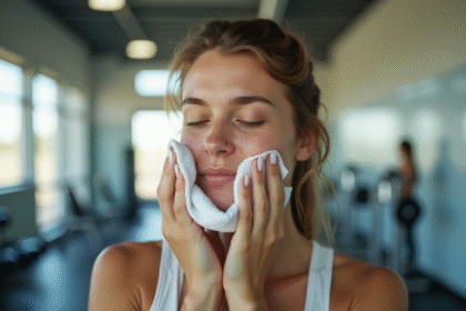 Jeune femme se nettoyant le visage dans une salle de sport lumineuse