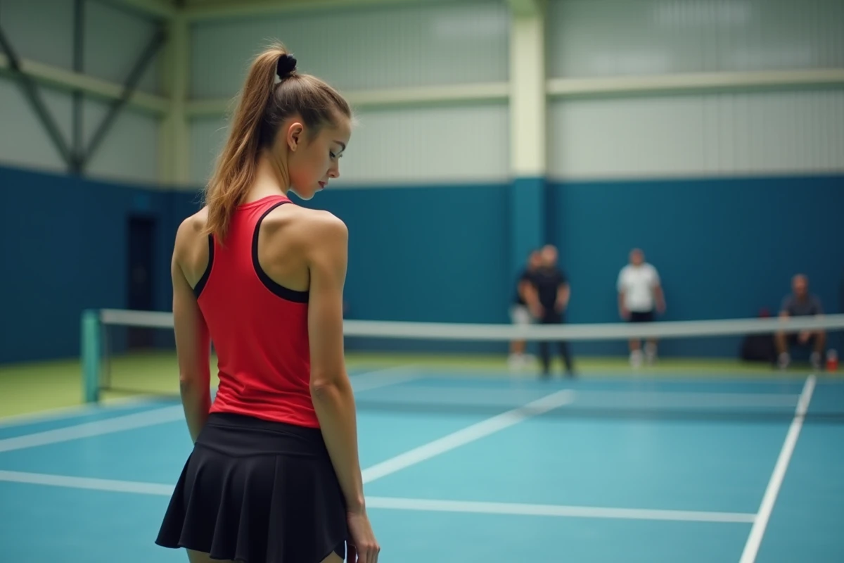 Jeune joueuse de padel déçue après une erreur en intérieur