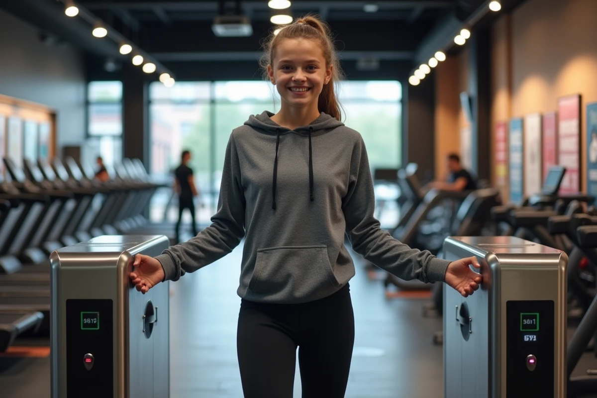 Jeune fille souriante entrant dans la salle de sport