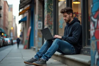 Jeune homme urbain avec laptop gaming en extérieur