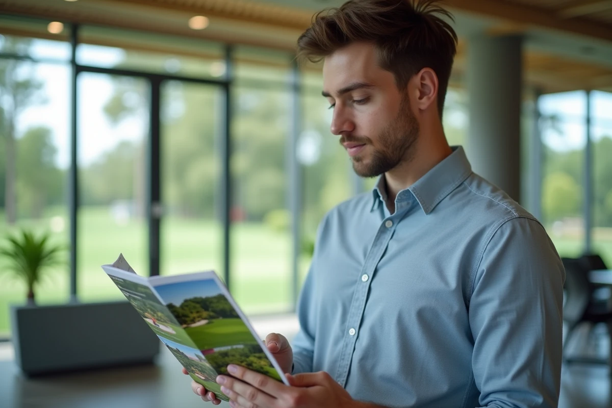 Jeune homme regardant brochure golf dans reception