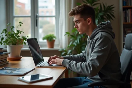 Jeune homme concentré sur son ordinateur à la maison