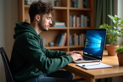 Jeune homme concentré sur son ordinateur portable à la maison