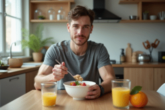 Jeune homme sportif mangeant un bol de flocons avec fruits frais dans une cuisine lumineuse