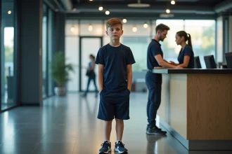 Adolescent au gymnase avec réception moderne et personnel